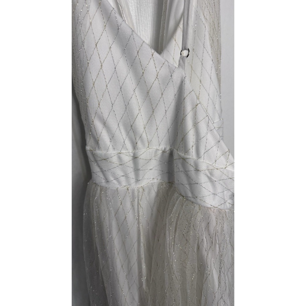 White S Metallic Grid Sparkle Deep V Neck Maxi Gown Fairy Wedding 1920s Art Deco - Picture 12 of 13